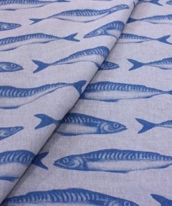 Magic Textiles Mackerel Organic Linen Fabric - Cornish Blue On Natural Homeware