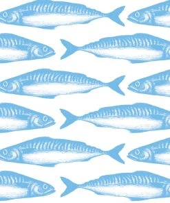 Magic Textiles Mackerel Organic Linen Fabric - Cornish Blue On Off-White
