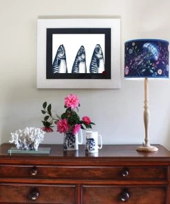 Cream Cornwall Wall Decor Three Mackerel Art Print In Blue On White In Three Sizes