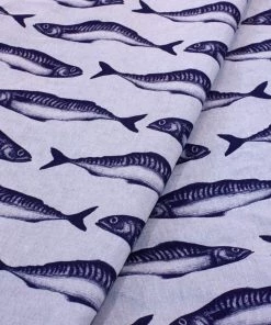 Magic Textiles Homeware Mackerel Organic Linen Fabric - Navy On Off-White