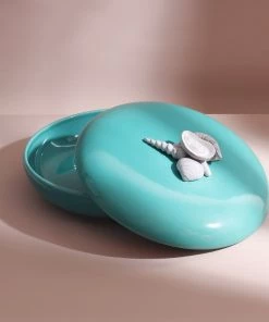 Edelweiss Medium Ceramic Seashell Serving Bowl With Lid In Blue