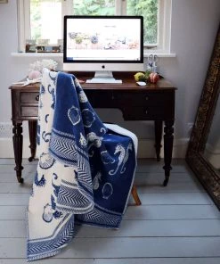 John Spencer Reversible Seahorse Throw - Deep Blue & Ecru Homeware