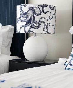 Cream Cornwall Homeware Marine Blue On White Octopus Lampshade