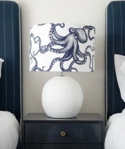 Cream Cornwall Homeware Marine Blue On White Octopus Lampshade