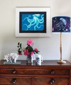 Cream Cornwall Octopus Art Print In Turquoise And Blue In Three Sizes - A2, A3 And A4