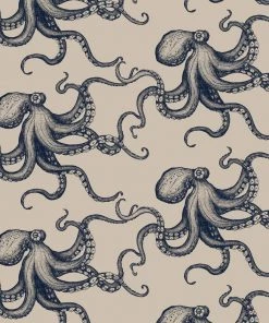 Magic Textiles Octopus Organic Linen Fabric - Navy On Natural