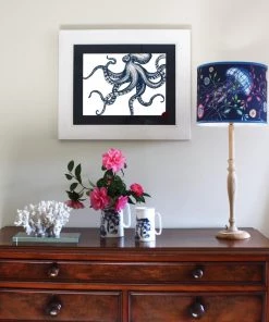 Cream Cornwall Wall Decor Octopus Art Print In Blue On White In Three Sizes - A2, A3 And A4