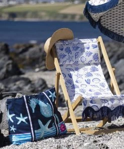 Magic Textiles Shells, Seaweed & Starfish Organic Linen Fabric - Cobalt On Off-White