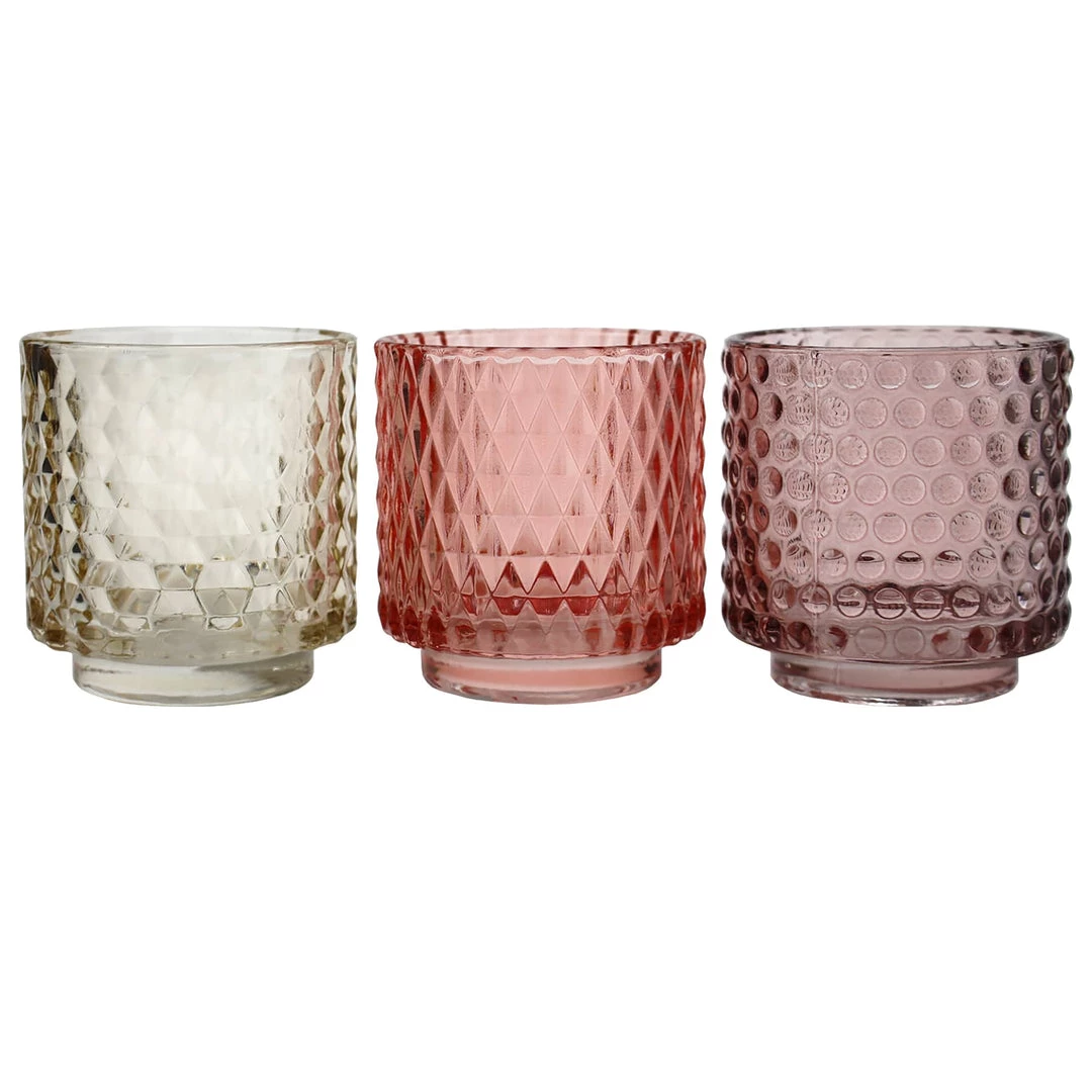 Light & Living Candles & Home Fragrance Set Of Three Glass Tea Lights-Coral/Old Pink/Light Amber 1 Light & Living Candles & Home Fragrance Set Of Three Glass Tea Lights-Coral/Old Pink/Light Amber