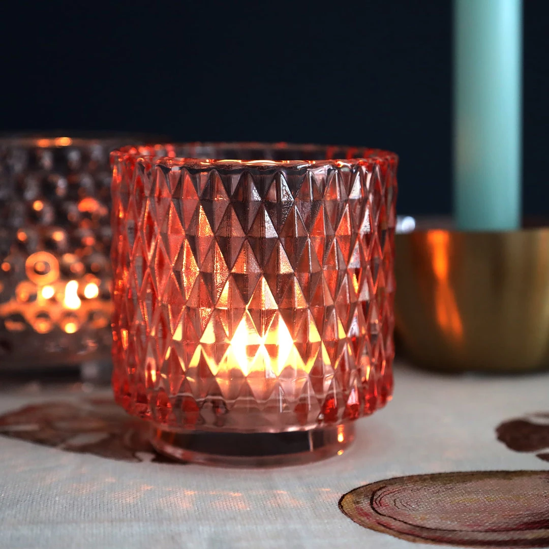 Light & Living Candles & Home Fragrance Set Of Three Glass Tea Lights-Coral/Old Pink/Light Amber 3 Light & Living Candles & Home Fragrance Set Of Three Glass Tea Lights-Coral/Old Pink/Light Amber