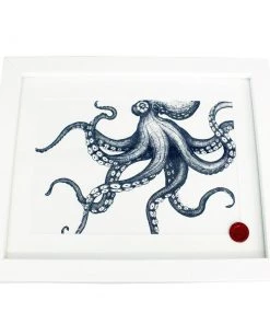 Cream Cornwall Wall Decor Octopus Art Print In Blue On White In Three Sizes - A2, A3 And A4