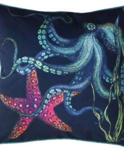 Magic Textiles Rainbow Reef Octopus Velvet Cushion Cover On Navy Velvet Homeware