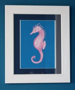 Cream Cornwall Wall Decor Seahorse Art Print In Bright Blue And Pink In Three Sizes - A2, A3 And A4