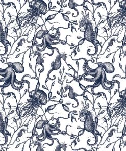 Magic Textiles New Arrivals Sea Creatures & Seaweed Linen Fabric - Off White