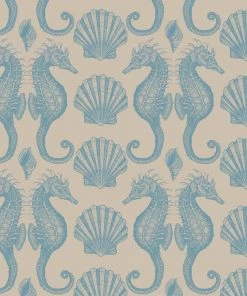 Magic Textiles Seahorse Organic Linen Fabric - Cornish Blue On Natural Homeware