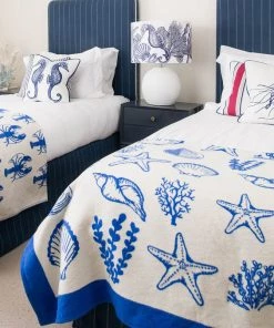 Cream Cornwall Marine Blue On White Seahorse & Shells Lampshade Homeware