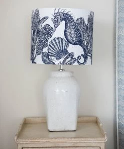 Cream Cornwall Marine Blue On White Seahorse & Shells Lampshade Homeware