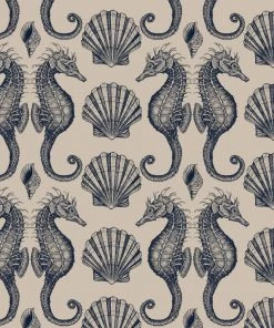 Magic Textiles Homeware Seahorse Organic Linen Fabric - Navy On Natural
