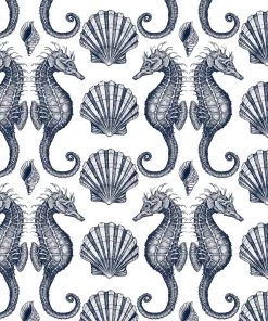 Magic Textiles Seahorse Organic Linen Fabric - Navy On Off-White