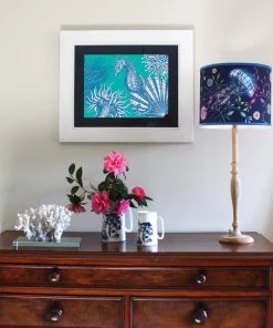 Cream Cornwall Seahorse Scene Art Print In Turquoise And Blue In Three Sizes - A2, A3 And A4