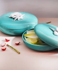 Edelweiss Medium Ceramic Seashell Serving Bowl With Lid In Blue