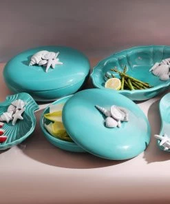 Edelweiss Medium Ceramic Seashell Serving Bowl With Lid In Blue