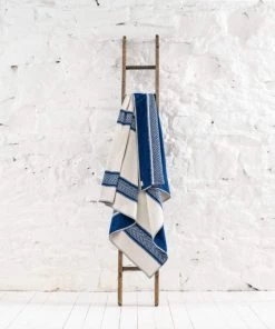 Ian Mankin Homeware Seastripe Recycled Cotton Throw In Cobalt And Ecru