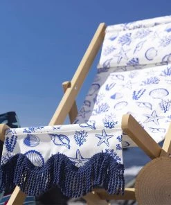 Magic Textiles Shells, Seaweed & Starfish Organic Linen Fabric - Cobalt On Off-White