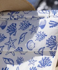 Magic Textiles Shells, Seaweed & Starfish Organic Linen Fabric - Cobalt On Off-White
