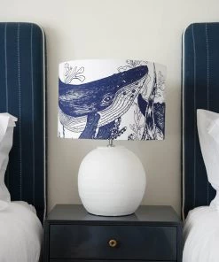Cream Cornwall Homeware Marine Blue On White Whale Lampshade