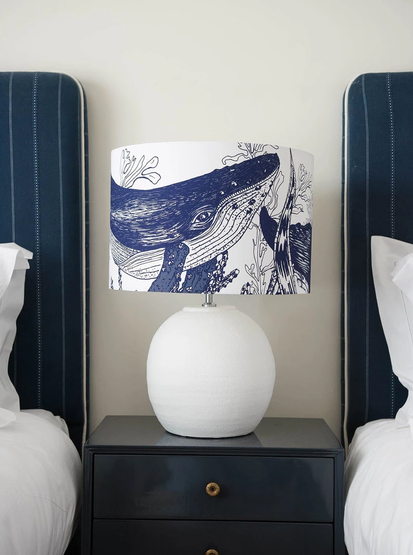Cream Cornwall Homeware Marine Blue On White Whale Lampshade 2 Cream Cornwall Homeware Marine Blue On White Whale Lampshade