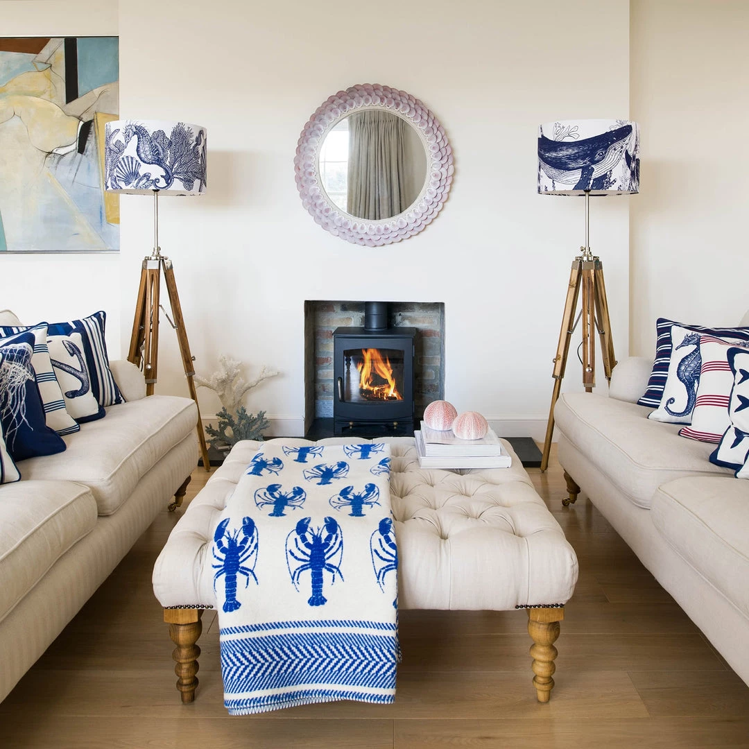 Cream Cornwall Homeware Marine Blue On White Whale Lampshade 3 Cream Cornwall Homeware Marine Blue On White Whale Lampshade